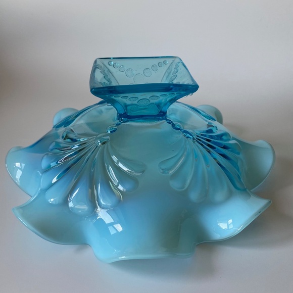 Antique Beaded Fans Blue Jefferson Glass Candy Dish Opalescent Circa  1905 - Picture 4 of 8